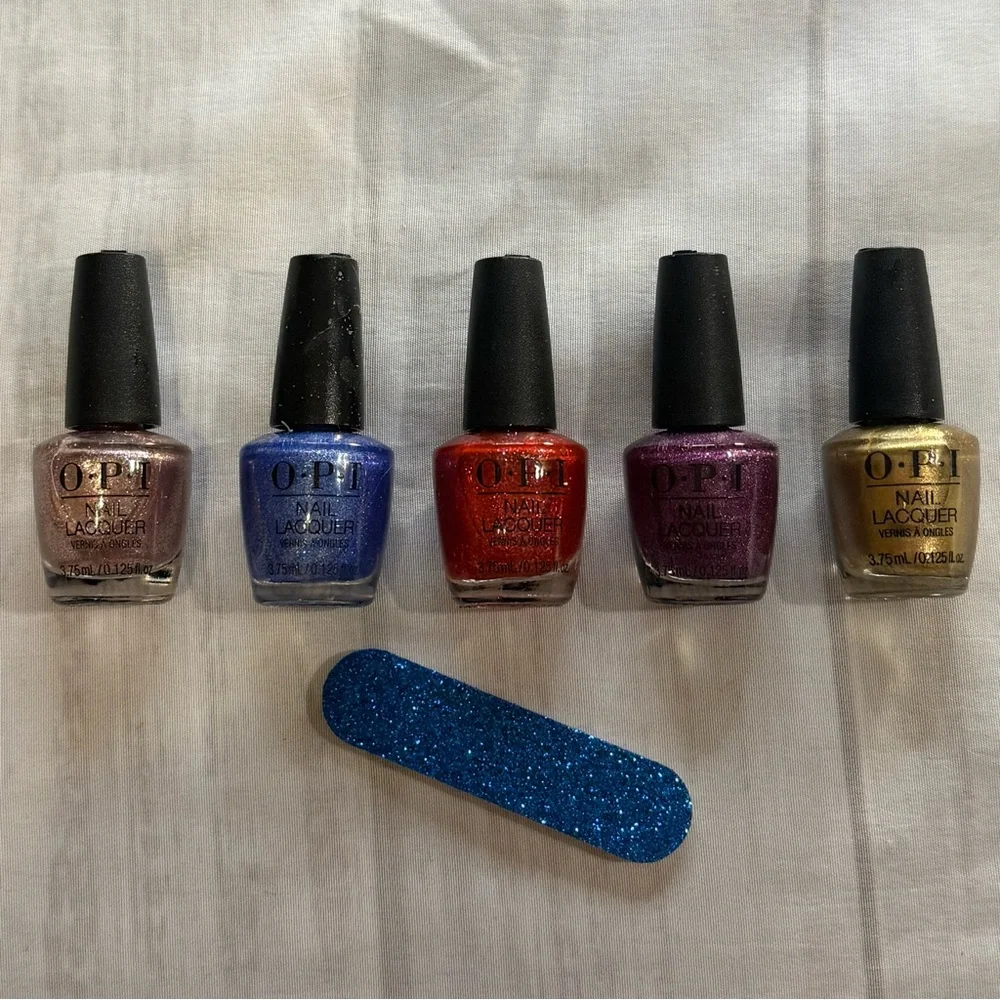OPI Mini Nail Polish Bundle 5 Colors + Mini Glitter Nail File Manicure Set